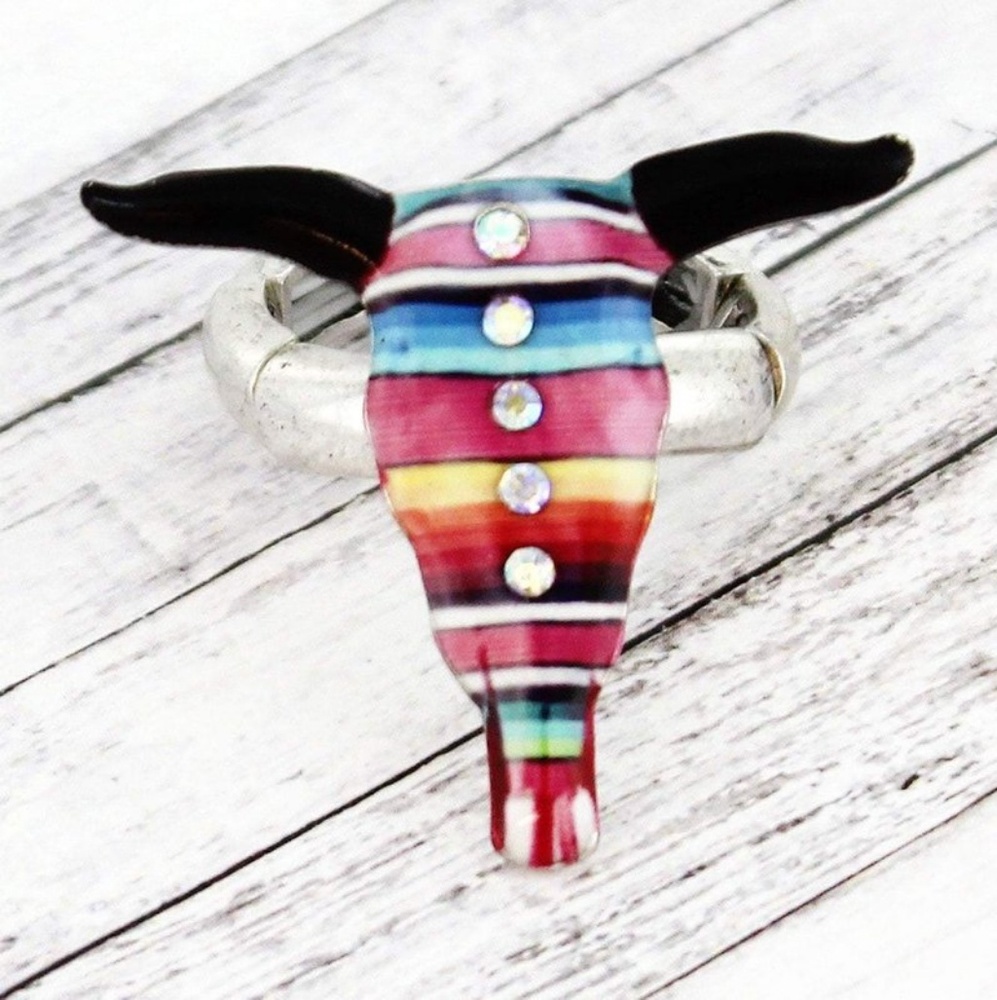 Serape Steer Head Boho Hippie Cowgirl gypsy Southwestern Silvertone stretch ring - Picture 4 of 8